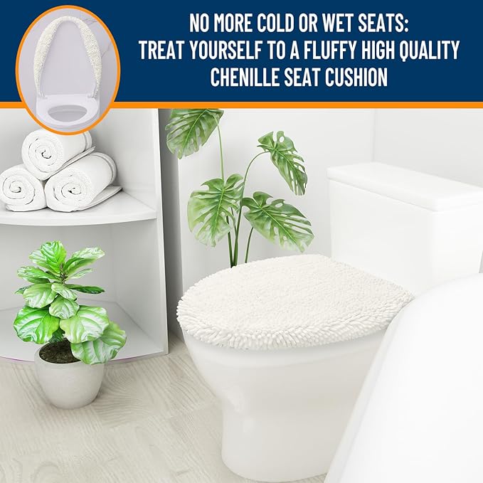 OLANLY Soft Chenille Bathroom Toilet Lid Cover, Machine Washable Seat Covers, 17.5x15, Stays in Place Rubber Backing, Fits Most Round, Elongated and Oblong Lids, Accessories Decor, Ivory