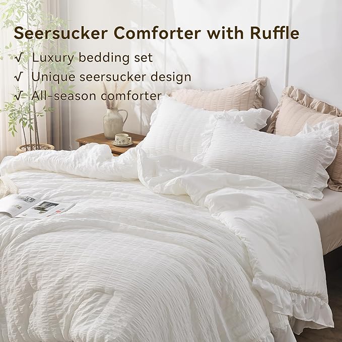 JOLLYVOGUE White Comforter Full Size, 3 Pieces Seersucker Lightweight Full Size Bedding, All Season Fluffy Microfiber Bedding Comforter Set with 1 Ruffle Comforter and 2 Ruffle Pillowshams