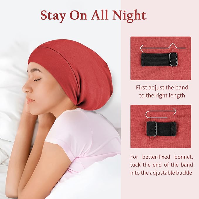 OLESILK Silk Bonnet for Sleeping Women: 100% Mulberry Silk for Frizz Free Curly, Adjustable Strap for Non Slip, Red