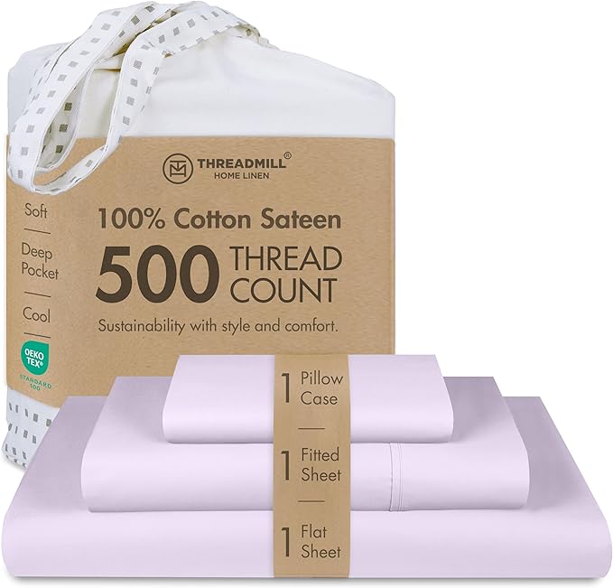 Threadmill Cotton Twin Sheets Set, 5 Star Hotel Quality Bed Sheets, 100% Cotton Sheets, 500 Thread Count, Deep Pocket, Snug Fit for Twin Mattress, Soft & Crisp 3 Piece Sheet Set, Lilac