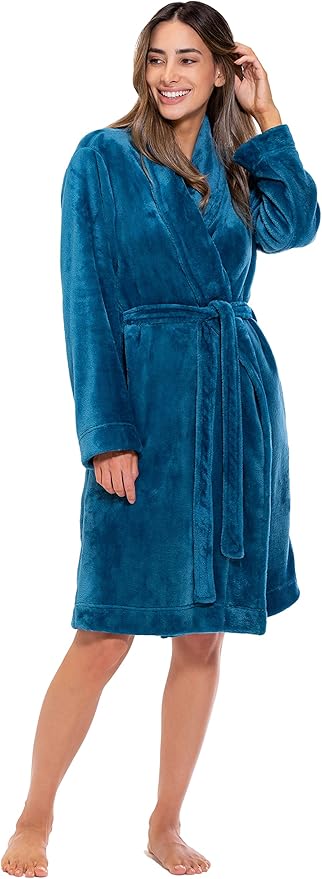Turquaz Robes For Women, Womens Fleece Shawl Collar Soft Plush Knee Length Spa Robe