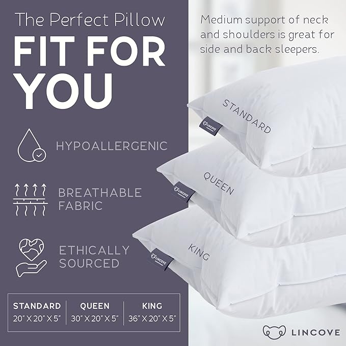 Lincove Recreation Sleeping Pillow, Filled with Premium Down, 600 Fill Power – Includes A Pillow Protector, 400 Thread Count Pillow Shell, Standard - Medium, 2 Pack