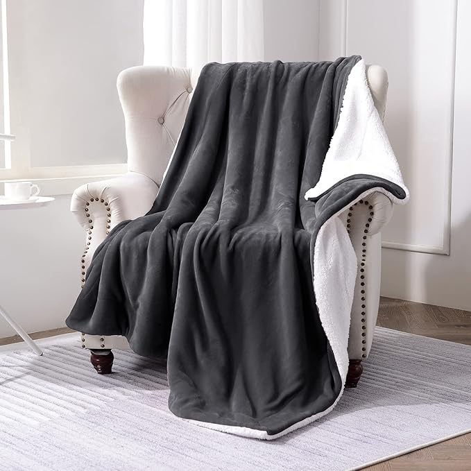 SOCHOW Sherpa Fleece Throw Blanket, Reversible Super Soft Luxurious Plush Blanket Throw Size, Dark Grey, 50"x60"