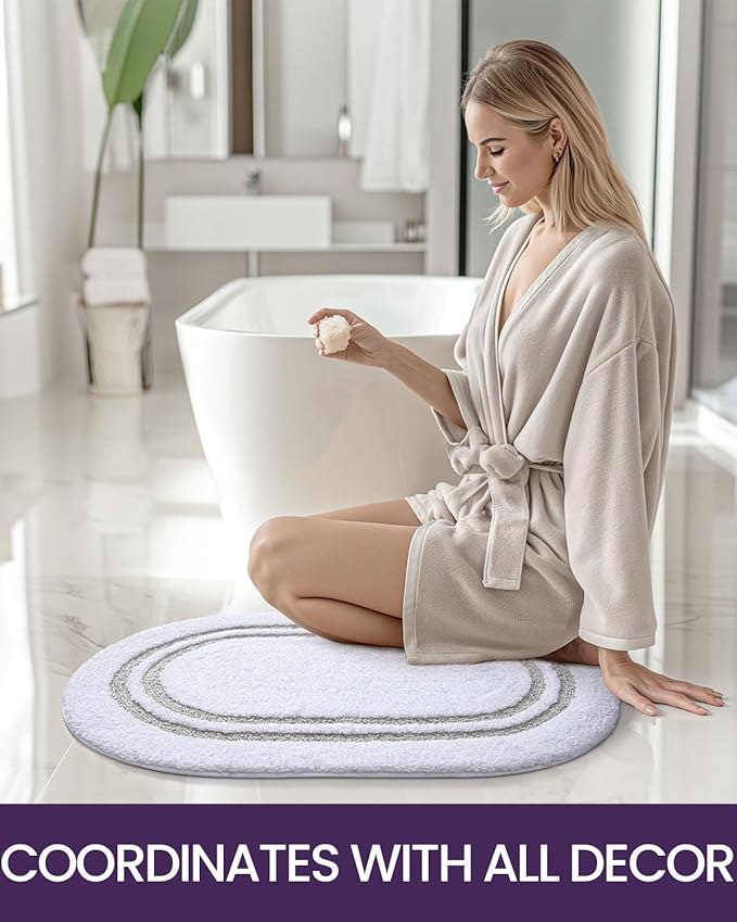 DEXI Oval Bath Mats for Bathroom, 24x43 Absorbent Bath Mat, Washable Microfiber Bathroom Rug with Non Slip Backing for Shower Floor, Light Grey