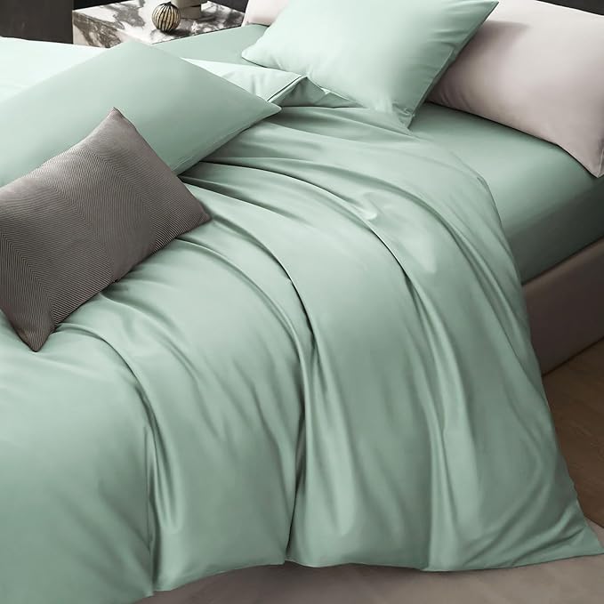 PURE ERA Duvet Cover Set 800 Thread Count Long Staple Cotton Sateen Silky Soft Luxurious Smooth 3 Piece Set Light Sage Green Queen