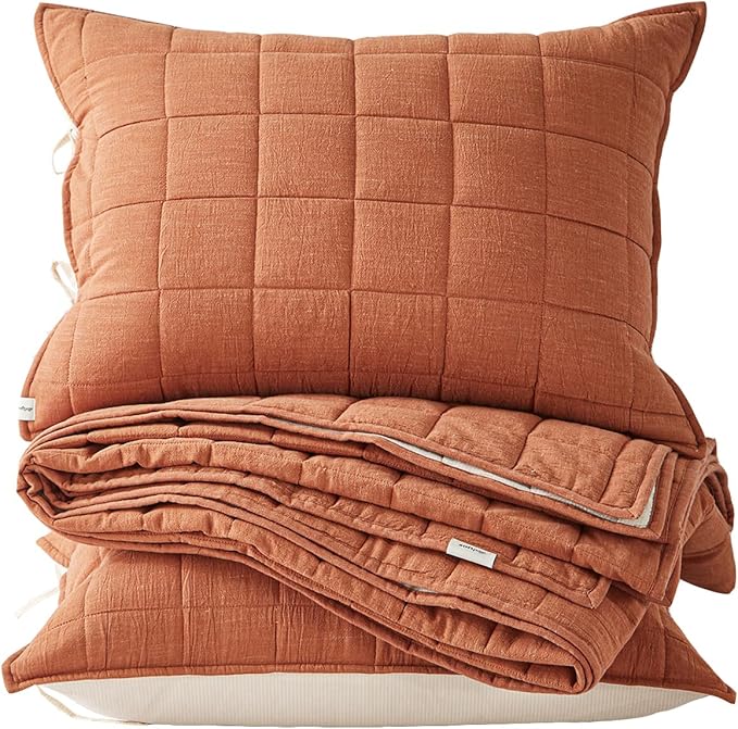 Burnt Orange Quilt King Size， Cotton Linen King Quilt Bed Spreads，3-Pieces King Size Quilt Bedding Set with Cream Stripe Coverlet Lightweight Bedding Comforters with 2 Pillow Shams