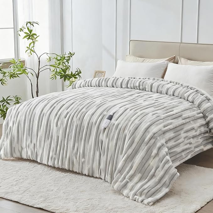 Heated Blanket Full - 72"x84" Fast Heating Bed Electric Blankets with 6 Heating Levels & 10 Hours Auto Off, Soft Ribbed Faux Fur Sherpa, Over-Heated Protection ETL, Light Gray