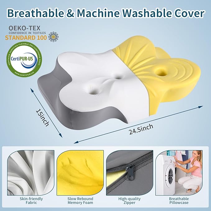 Cervical Neck Pillow for Pain Relief- Ergonomic Memory Foam Pillows for Sleeping, Dual Ear Relief Zone Contour Pillow, Neck Support Pillows for Side Back &Stomach Sleeper (White)