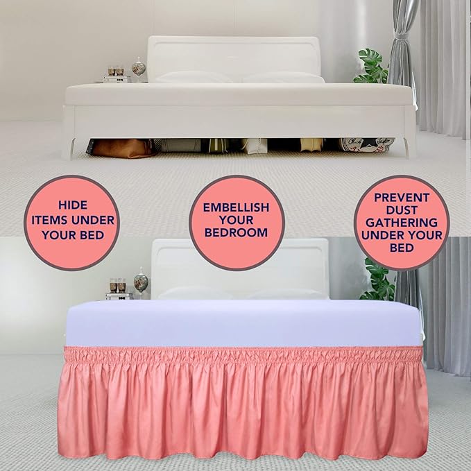 PureFit Wrap Around Ruffled Bed Skirt with Adjustable Elastic Belt - 18 Inch Drop Easy to Put On, Wrinkle Free Bedskirt Dust Ruffles, Bed Frame Cover for Queen, King and C-King Size Beds, Pink