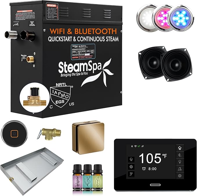 SteamSpa Steam System 6kW Steam Shower Generator with Bluetooth Wifi, Quickstart Continous Steam, Advanced Touch Pad Screen, Chroma Lights, Drain Pan and Auto Drain Gold RVBS600GD-A