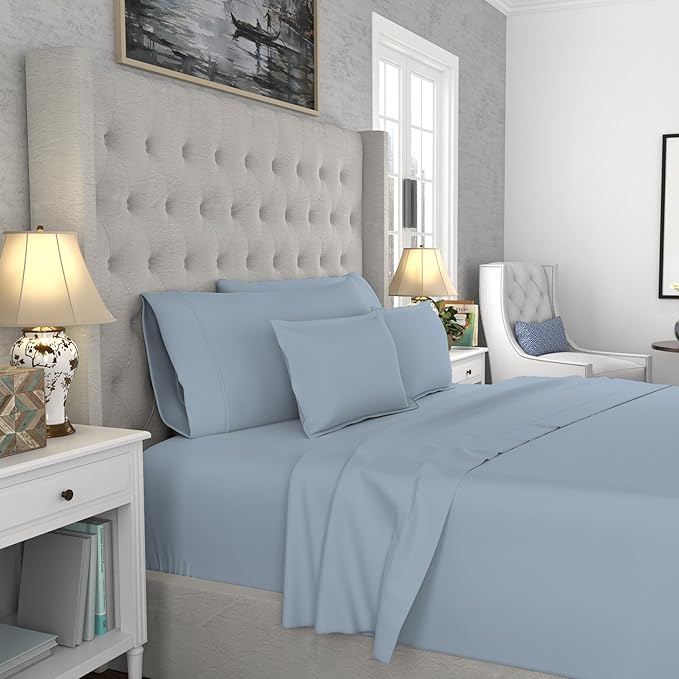 SUPREME ELEGANCE 1200 Thread Count Blue Bed Sheets Set King Size, Ultra Soft & Silky Cotton Rich Easy Care, Sateen Sheets, Moisture Wicking & Wrinkle Resistant Sheets, Sheet Set