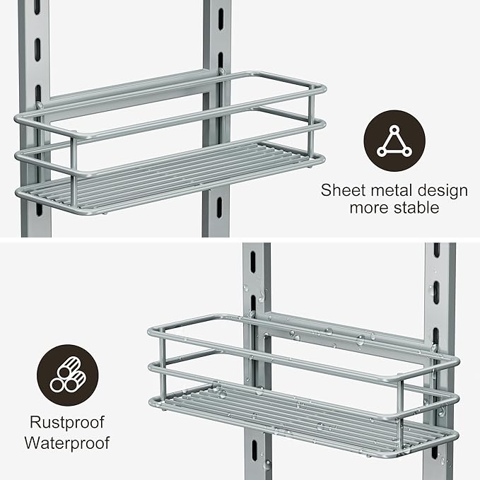 Orimade Adjustable Anti-Slip Shower Caddy Over Shower Head, Rustproof Bathroom Hanging Shower Organizer with 2 Hooks for Razor, No Drilling Shower Shelves Storage Rack 2 Tier, Light Grey