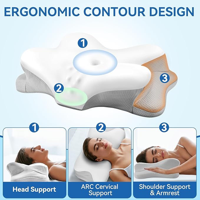Cervical Neck Pillow for Pain Relief - Ergonomic Cooling Support, Contour Design for Side & Back Sleepers,Grey