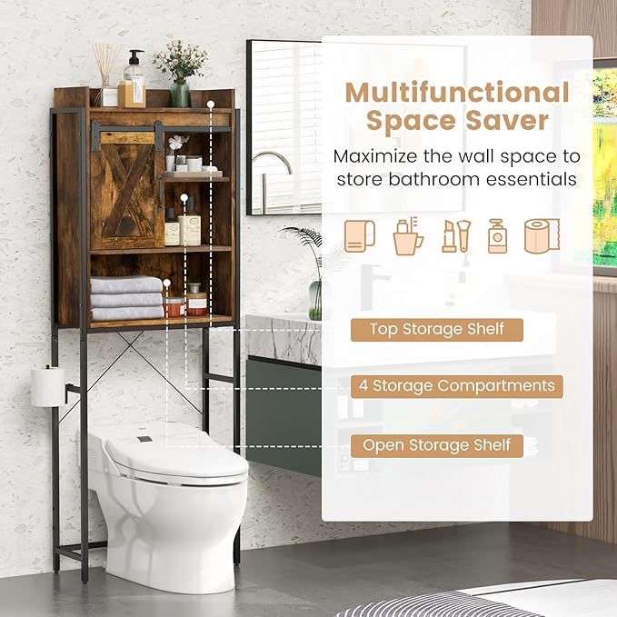 Giantex Over The Toilet Storage Cabinet - Freestanding Bathroom Organizer Rack with Adjustable Shelf, Sliding Barn Door, Paper Holder, Bathroom Space Saver, Above Toilet Storage Cabinet (Brown)