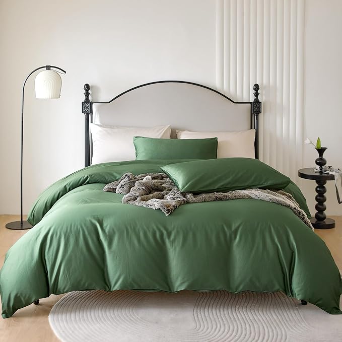 PURE ERA Duvet Cover Set 800 Thread Count Long Staple Cotton Sateen Silky Soft Luxurious Smooth 3 Piece Set Forest Green Cal King