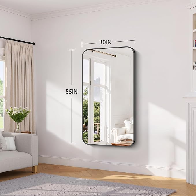 Koonmi Black Framed Bathroom Mirror - 30x55 Inch Shatterproof Tempered Glass Vanity Mirror for Bathroom Sink, Wall Mounted with Matte Aluminum Alloy Frame, No Distortion, Modern Decor