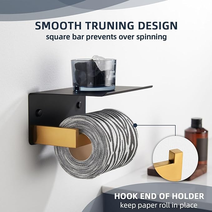 Angle Simple Toilet Paper Holder with Shelf, 304 Stainless Steel Bathroom Tissue Roll Holder for Wall Black and Gold