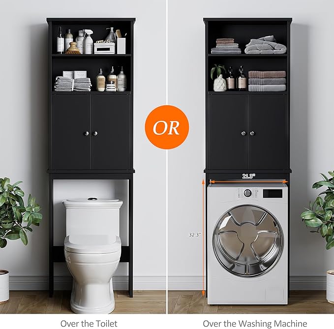 Meilocar Over The Toilet Storage Cabinet for Bathroom, 75in Black Over Toilet Cabinet Freestanding Storage Organizer, Space Saver with Doors and Adjustable Shelf, Black
