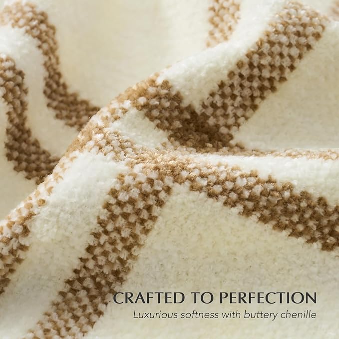 EVERGRACE Plaid Chenille Throw Blanket for Couch, Super Soft Cozy Decorative Windowpane Grid Plaid Throw with Tassels, Lightweight Chenille Knit Throw for Bed Sofa Gift, Cream & Beige 50"x60"