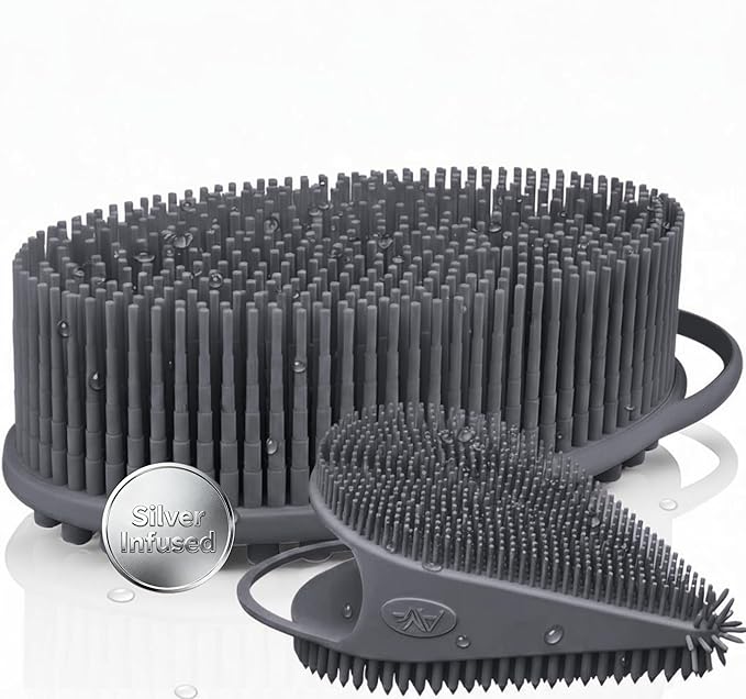 Silver Infused Body Face Scrubber Set - 2 Pack Premium Shower Brush Kit - Avilana Advanced Material Bath Loofah Alternative Complete Skincare System - Luxury Gift Set Women Men
