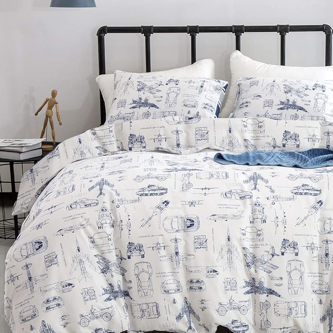 KAREVER White Aircraft Comforter Set Twin Boys Cartoon White Bedding Set Airplane Comforter Car Tank Printed Bedding for Children Teen Boy Blanket Set