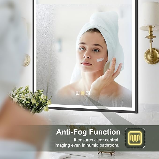 S·BAGNO 36''x36'' LED Bathroom Mirror with Lights, Bathroom Vanity Wall Mirror with Buletooth, Anti-Fog, Stepless Dimmable, 3 Colors, Tempered Glass Lighted Vanity Mirror for Bathroom