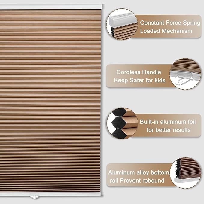 MYshade 1.5-Inch Cellular Cordless Blackout Shades,Thermal Insulating Noise Reducing Waterproof Blinds,Honeycomb Window Treatments for Indoor Light Control (Light Brown-55 W x 72" H)