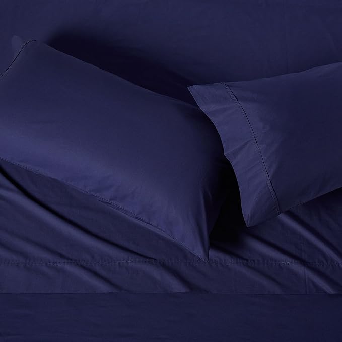 Amazon Basics Soft Organic Cotton Sheet Set with 2-Pieces Pillowcase, Navy Blue, Queen
