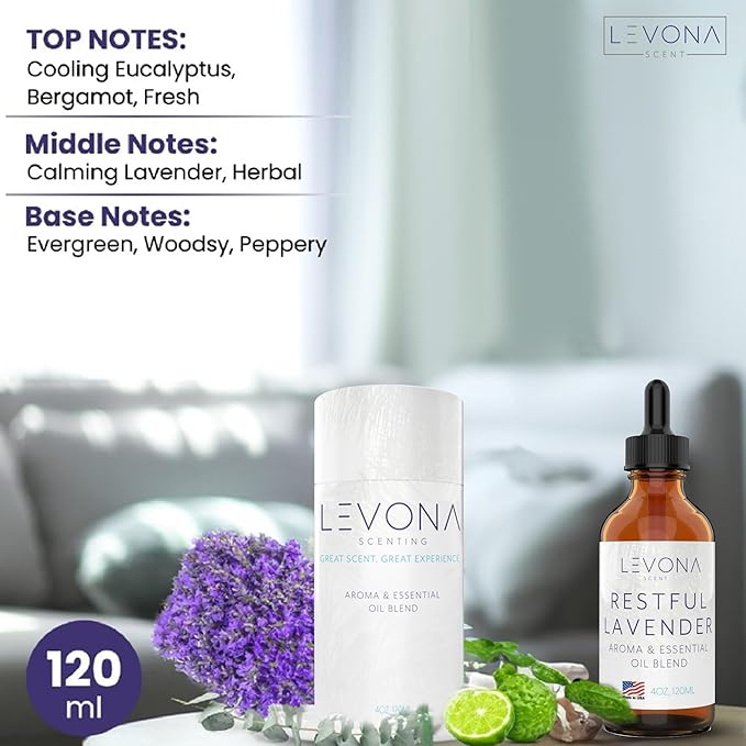 Levona Scent Essential Oils - Scents for Home, Hotel & Office Use - Perfect for Home Diffuser & Humidifiers - Aroma Fragrance Oil, Ideal for Massage, Relaxation, and Spa - Restful Lavender, 120ml