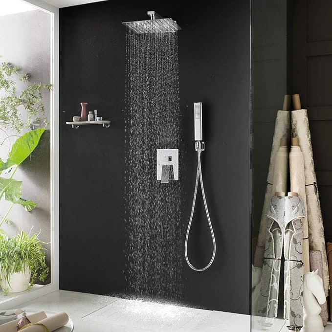Iriber Chrome Shower System 10 Inch High Pressure Rainfall Shower Head and Shower Faucet Combo Set