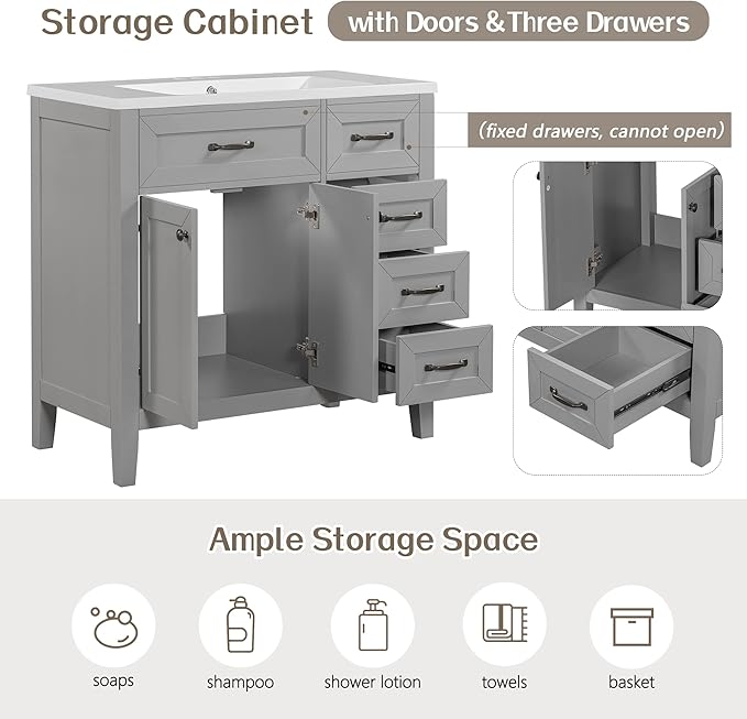Favfurish 36" Bathroom Vanity with Sink Combo,Bathroom Vanity Cabinet with Two Soft-Closing Doors and Four Drawers,Free Stading Vanities w/Modern Design,for Bathroom,Easy Assembly,Grey