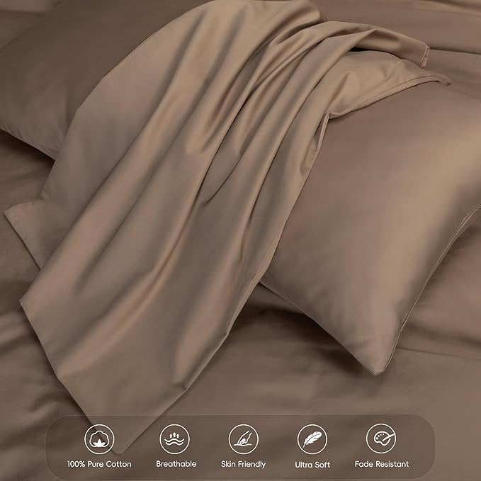 MooMee Duvet Cover Set 100% Extra Long Staple Cotton 600 Thread Count Silky Sateen Smooth Luxury Soft Breathable Durable Hotel Quality Bedding, 3 Pieces (Brown, Queen 90"x90")