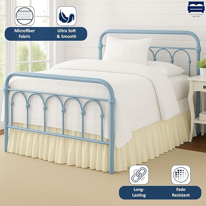 Cottingon Ruffled Bed Skirt with Split Corners-Dust Ruffle - 12" Drop 100% Microfiber Soft,Sheen & Luxurious Look - Bed Skirts (Ivory -Queen)