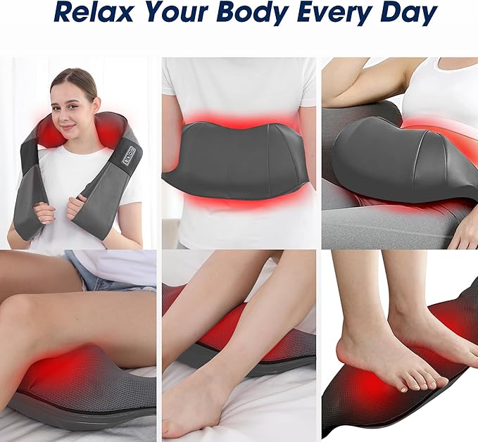 Grey Shiatsu Neck and Back Massager with Heat, Electric Deep Tissue Kneading Neck and Shoulder Massage, Best Gifts for Women Men Mom Dad Mothers Fathers Day Birthday Gift (NOT Cordless)