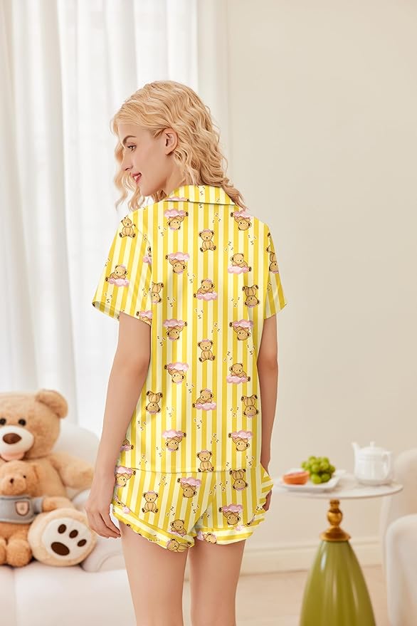 Ekouaer Womens Satin Pajamas Set Button Down 2 Piece Silk Pjs Shorts Set Ruffle Lingerie Notch Collar Sleepwear