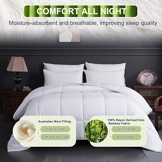 YOUR MOON Luxurious All Season Wool Comforter Twin Size 100% Natural Australian Wool Duvet, Hypoallergenic Premium Filled Comforter, Noiseless Jacquard Rayon Derived from Bamboo Shell(White)