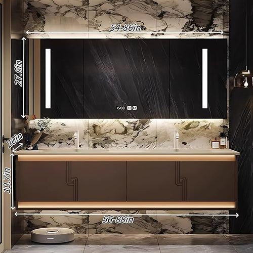 56IN Bathroom Vanity Set with Sink, Smart Defogging Vanity Mirror with 2 Light Strips | with Motion Sensing Light Strips, Bathroom Double Vanities with Sink Includes 2 Drawers (Mirror Cabinet)