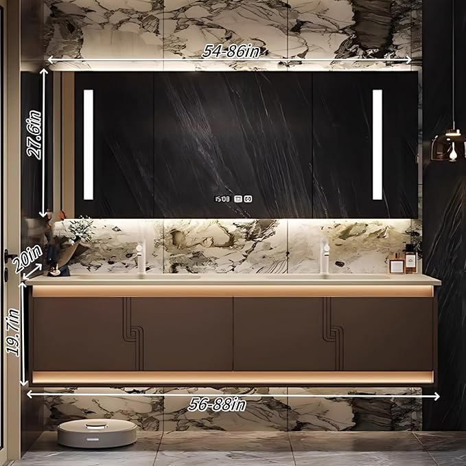 66IN Bathroom Vanity Set with Sink, Smart Defogging Vanity Mirror with 2 Light Strips | with Motion Sensing Light Strips, Bathroom Double Vanities with Sink Includes 2 Drawers (Mirror Cabinet)