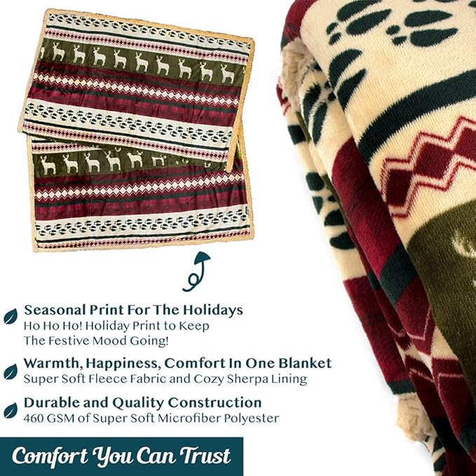 PAVILIA Premium Christmas Blanket Sherpa Fleece Throw| Plush Christmas Decoration, Reindeer, Cozy Reversible Winter Holiday Cabin Blanket for Sofa Couch 50x60