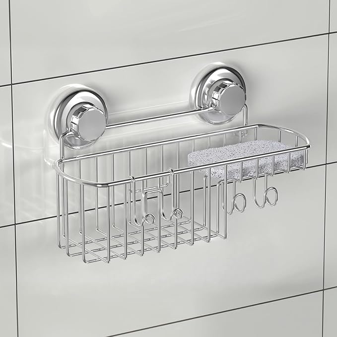 HASKO Suction Cup Shower Caddy Basket for Shampoo, Shower Suction Shelf Organizer, Basket with Soap Holder and Hooks, Stainless Steel Shampoo Holder for Bathroom Storage (Chrome)