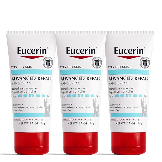 Eucerin Advanced Repair Hand Cream, Immediately Soothes and Repairs Very Dry Skin, Fragrance Free, Non Greasy, Fast Absorbing, Travel Size Hand Lotion, 2.7 Oz Tube, Pack of 3