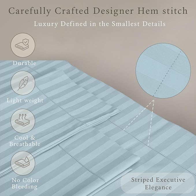 Threadmill 500 Thread Count Twin-XL Size Damask Stripe, 3 Pc Luxury Cotton Bed Sheet Set, Breathable Light Blue Sheets with 15" Elasticized Deep Pocket, 1 Pillowcase & Free Tote Bag