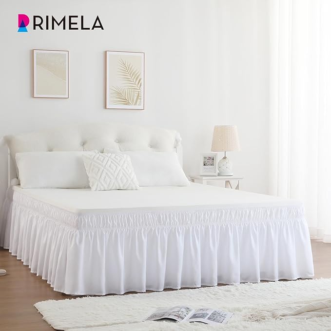 RIMELA White Bed Skirt King Size 16 Inch Drop, Elastic Bed Skirting for Bed Base and Frame, Bedding Dust Ruffle Easy to Install, Lightweight Wrap Around Adjustable Bedskirt