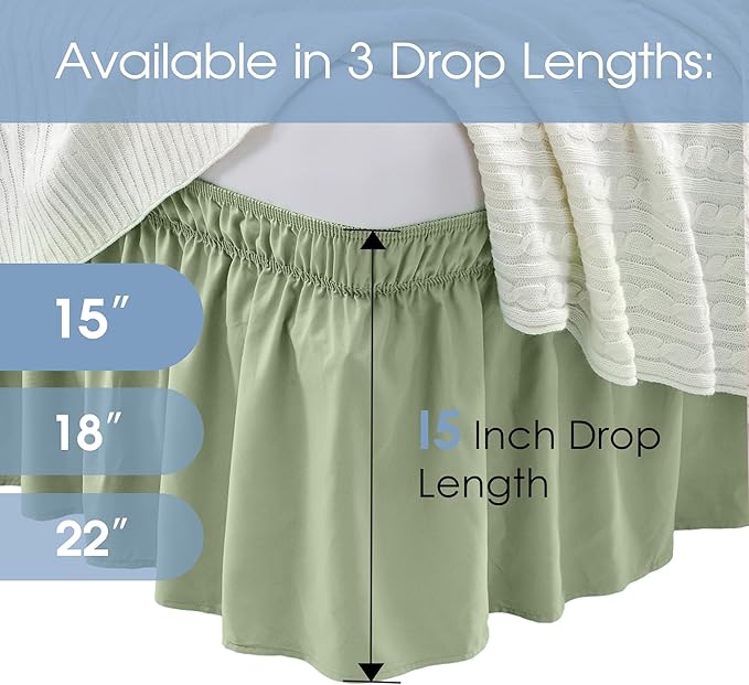 FreshCulture King Bed Skirt, Dust Ruffle for King Size Bed, Easy Fit with 15-Inch Tailored Drop, Elastic Wrap Around Bed Skirt King Size, Hotel Quality Bed Skirts for Adjustable Bed (Sage Green)