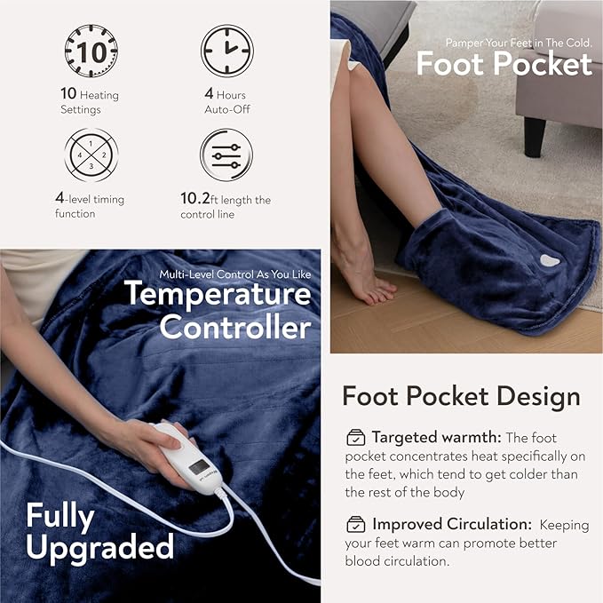 Wapaneus Foot Pocket Heated Blanket Electric Throw with 10 Heating Levels and 4 Timer Settings 4 Hours Auto Shut Off, Flannel Fast-Heating Heated Throw 50" x 60", Machine Washable, Dark Blue