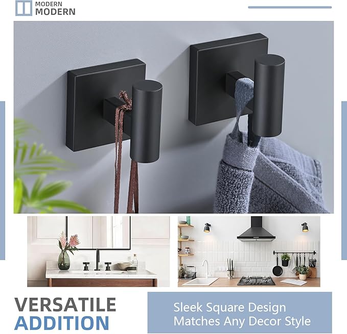 Matte Bathroom Hardware Set, Toilet Paper Holder with 2 Square Towel Hooks, 3PCS SUS 304 Stainless Steel Set, Wall Mounted, Rust Resistant, Modern Fingerprint-Free Finish (Black)