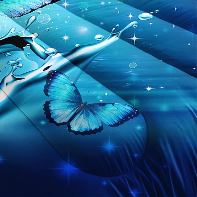 Fantasy Blue Butterfly Comforter Set Full Size,Butterflies on Water Flash Bedding Sets 3 Pieces,Blue Series Aesthetic Bedding for Kids Girls Boys Room Decor with 2 Pillowcases.
