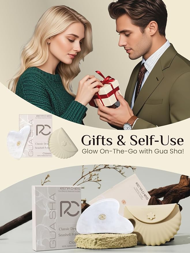 Rena Chris Gua Sha Facial Tools, Ergonomic White Jade Stone Guasha Tool for Face Massage, Manual Facial Massager Tool for Jawline Sculpting and Puffiness Reduction with Silicone Case (White)