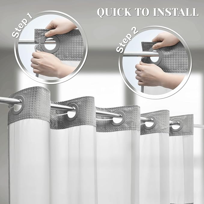 No Hook Shower Curtain with Snap in Liner Set Waffle Shower Curtain for Bathroom Hotel Style Fabric Waterproof Inner Liner，54" W x 80" H, Grey