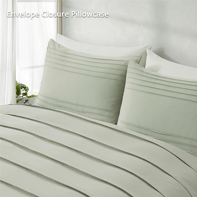 Oli Anderson Mist Sage Duvet Cover King Size - Pleated King Duvet Cover, 3PCS Soft and Breathable Textured Bedding Set with Zipper Closure(Mist Sage,104"x90")